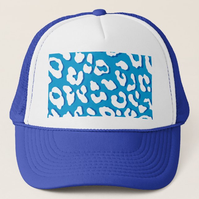 White Leopard Print Blue Trucker Hat (Front)