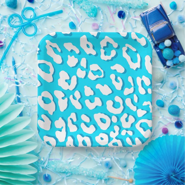 White Leopard Print Light Blue Paper Plate (Party)
