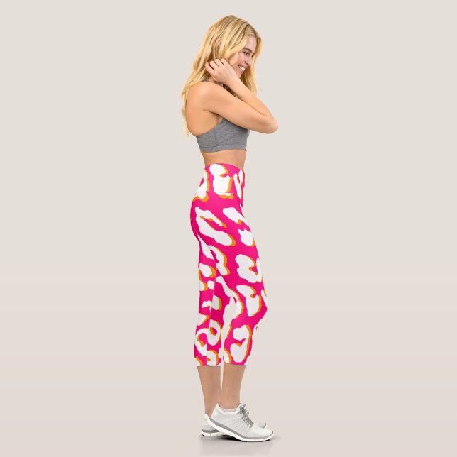 White Leopard Print Pink Orange Capri Leggings (Right)