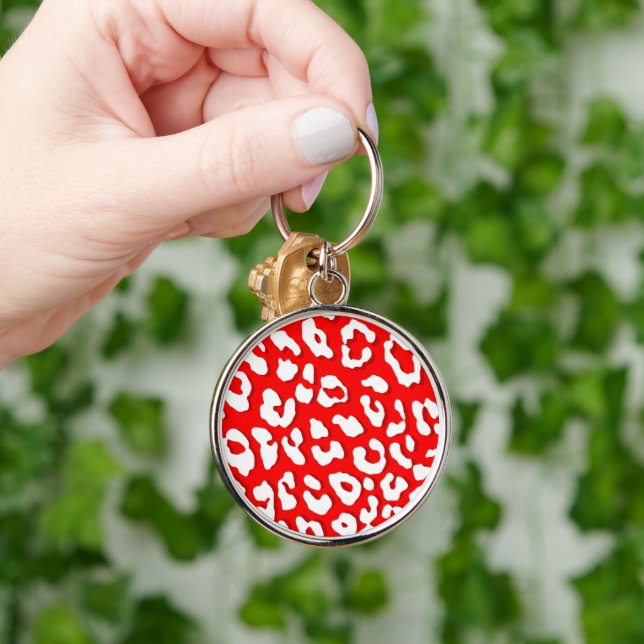 White Leopard Print Red Key Ring (Hand)