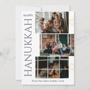 White Letter Happy Hanukkah family Three photo Holiday Card
