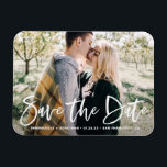 White Lettering Overlay Photo Save the Date Magnet<br><div class="desc">White Lettering Photo Save the Date Magnet. Customizable photo save the date magnet featuring white hand lettering overlay. Personalized by adding your event details and favorite photo.</div>