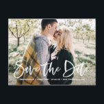 White Lettering Photo Save the Date Postcard<br><div class="desc">White Lettering Photo Save the Date Postcard. Customisable photo save the date postcard featuring white hand lettering with watercolor foliage pattern.</div>