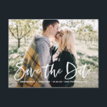 White Lettering Photo Save the Date Postcard<br><div class="desc">White Lettering Photo Save the Date Postcard. Customisable photo save the date postcard featuring white hand lettering with watercolor foliage pattern.</div>