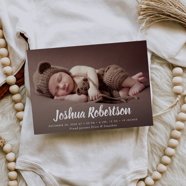 white lettering trendy birth announcement card (Creator Uploaded)