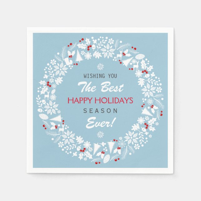 White & Light Blue Christmas Wreath Happy Holidays Napkin (Front)