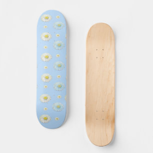 White & light blue Daisy Pattern   Skateboard
