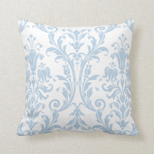 White & Light Blue Damask Floral Swirls 2 Cushion