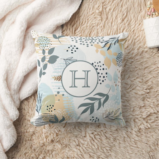 White light blue gold foliage monogram cushion (Blanket)