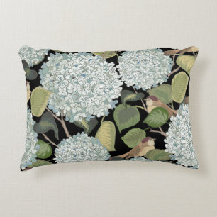 White, light blue Hortensia with green leaves and Decorative Cushion