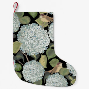 White, light blue Hortensia with green leaves and Small Christmas Stocking