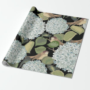 White, light blue Hortensia with green leaves and Wrapping Paper