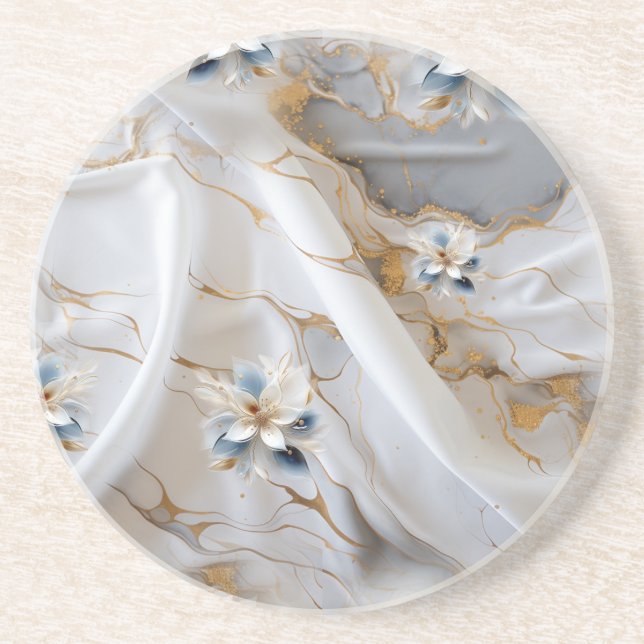 White & light-blue Silky Flowers on a Silk look  Coaster (Front)