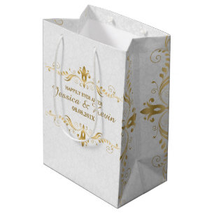 White & Light Gold Floral Lace Wedding Design Medium Gift Bag