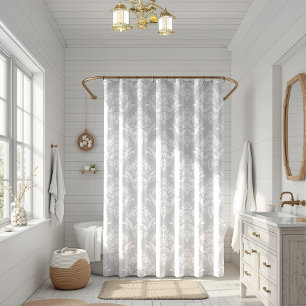 White & Light Grey Floral Damasks Pattern Shower Curtain