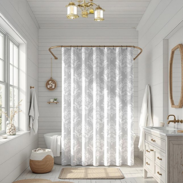 White & Light Grey Floral Damasks Pattern Shower Curtain (Creator Uploaded)