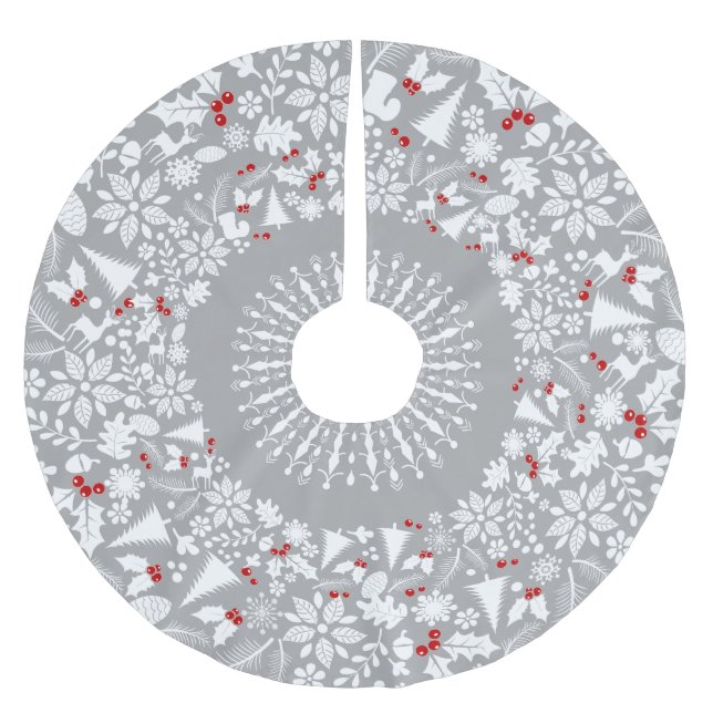 White & Light Grey Geometric Christmas Wreath Brushed Polyester Tree Skirt (Front)