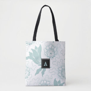White Light Teal Vintage Floral Monogram Tote Bag