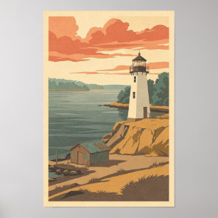 White Lighthouse on Ochre Headland Retro Travel Po Poster