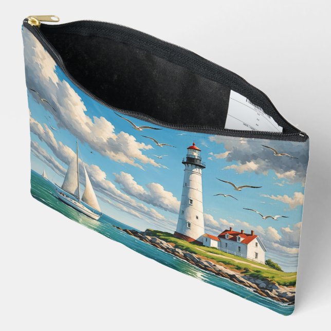 White Lighthouse With Sailboat Accessory Pouch (Open)