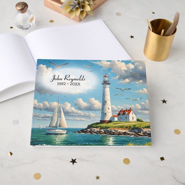 White Lighthouse With Sailboat Guest Book (Front Open)