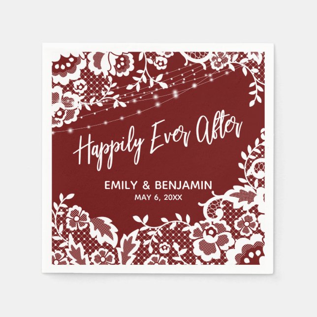 White Lights & Lace Happily Ever After Dark Red Napkin (Front)