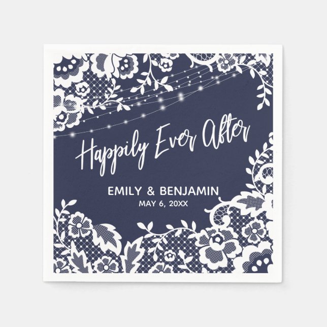 White Lights Lace Happily Ever After Navy Blue Napkin (Front)