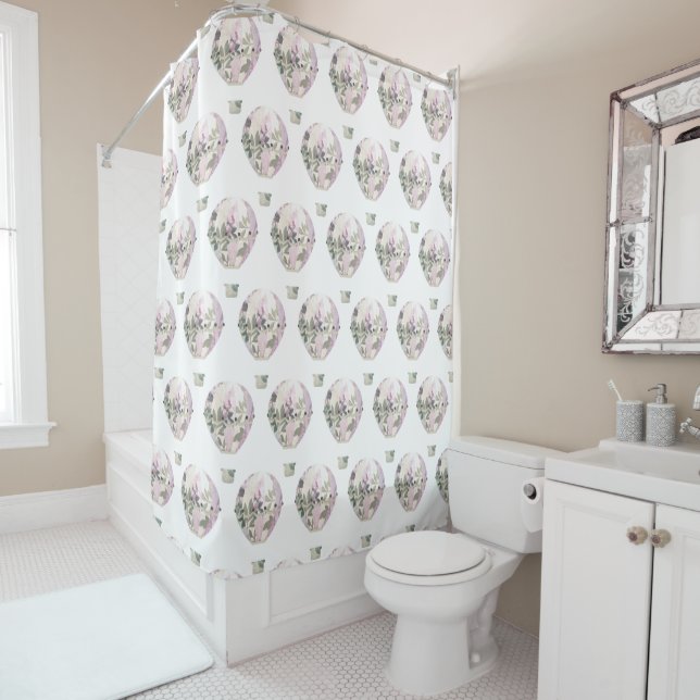 WHITE LILAC HOT AIR BALLOON PATTERN SHOWER CURTAIN (In Situ)