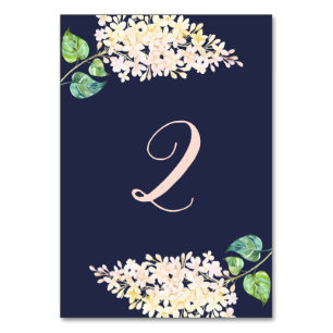 White lilac.Navy floral romantic wedding. Blue Table Number