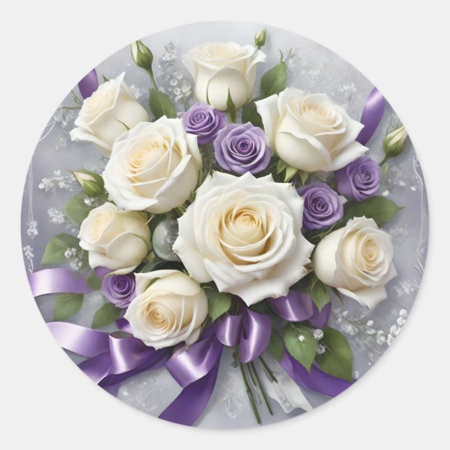 White & lilac roses bouquet, lilac ribbons classic round sticker (Front)