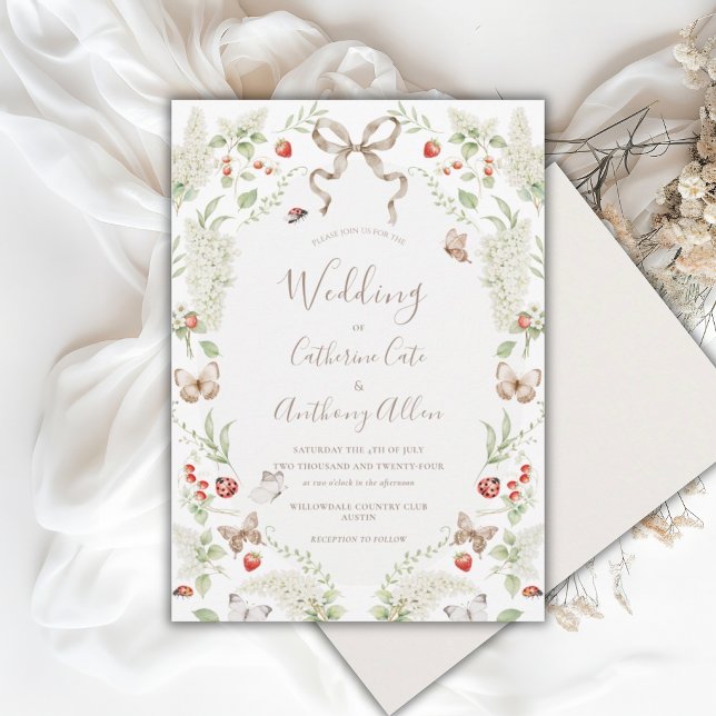 White Lilacs Greenery Ribbon Whimsical Wedding  Invitation (Creator Uploaded)