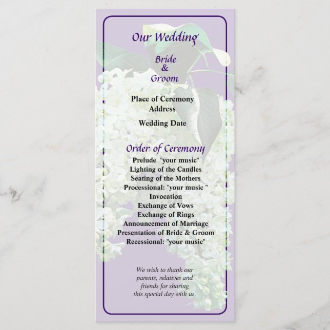 White Lilacs Wedding Program Programme (Front)