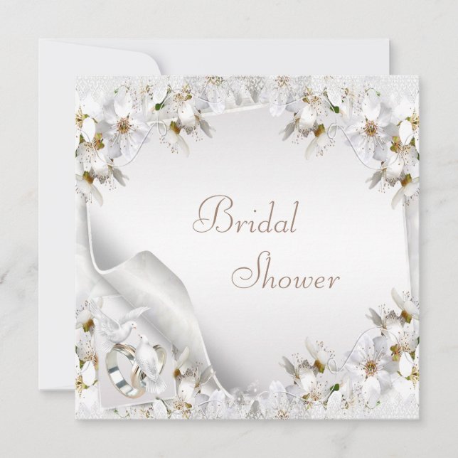 White Lilies, Doves & Wedding Bands Bridal Shower Invitation (Front)