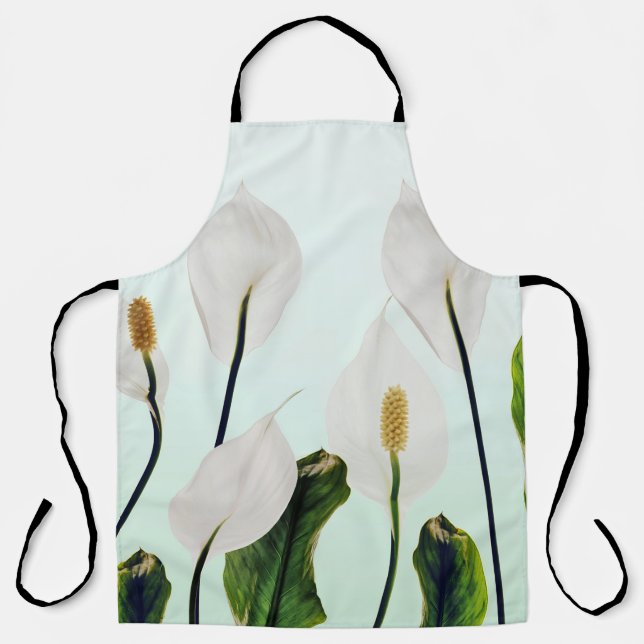 White Lilies Flowers Blue Seamless Apron (Front)