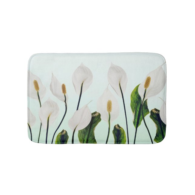 White Lilies Flowers Blue Seamless Bath Mat (Front)
