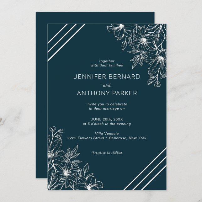 White Lilies Hand Drawn Wedding Invitation (Front/Back)