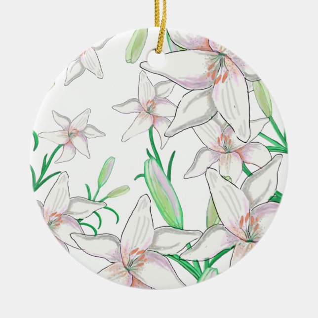 White Lilies Illustration    Ceramic Tree Decoration (Front)
