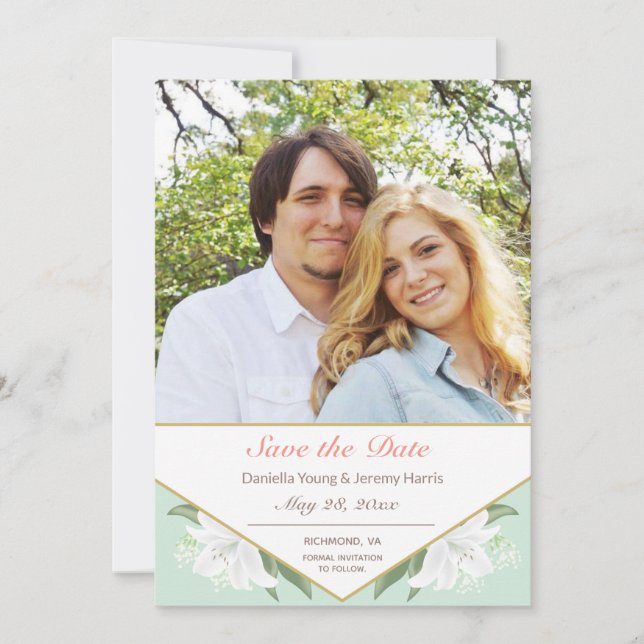 White Lilies & Mild Mint Save the Date Card (Front)