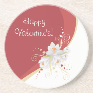White Lilies on Red Swirl Valentine's Coaster