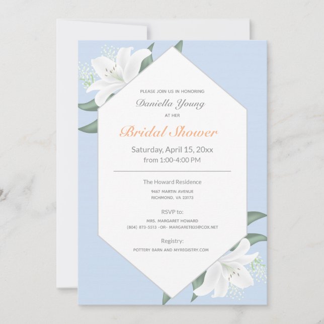 White Lilies & Powder Blue Bridal Shower Invite (Front)