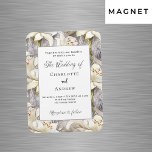 White lilies silver retro wedding invitation magnet<br><div class="desc">White lilies,  flower pattern as background. Personalise and add your names and the details.</div>