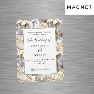 White lilies silver retro wedding invitation magnet