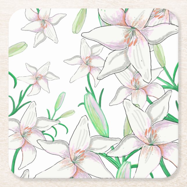 White Lilies  Square Paper Coaster (Front)