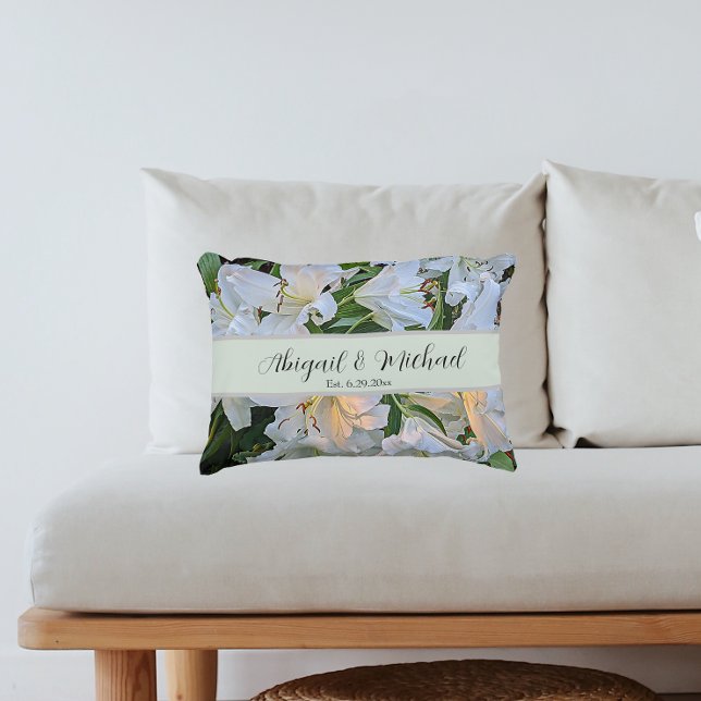 White Lilies Wedding Couple Names Floral Decorative Cushion (In Situ Sofa)