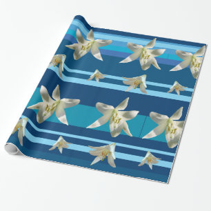 White Lilium Flowers & Stripes Wrapping Paper