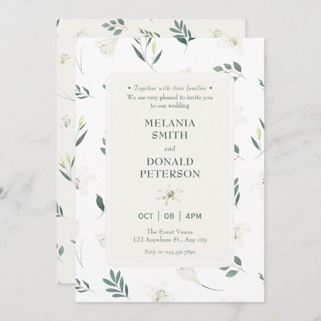 White liliy flowers wedding invitation (Front/Back)