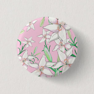 White Lillies on Pink Background Illustration  3 Cm Round Badge