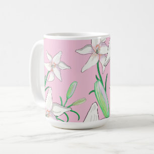 White Lillies on Pink Background Illustration Coffee Mug