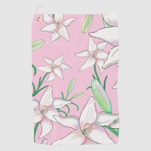 White Lillies on Pink Background Illustration Golf Towel