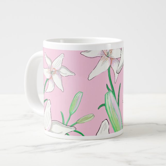 White Lillies on Pink Background Illustration  Large Coffee Mug (Front Left)